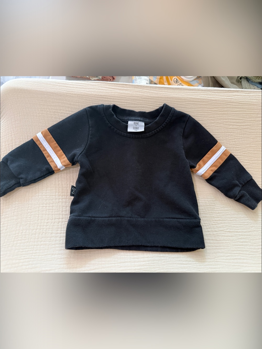 Black Kids Sweatshirt with Tan & White Sleeve Stripes